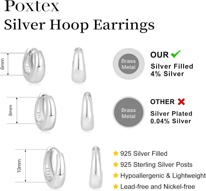 Poxtex Small Sterling Silver Huggie Hoop Earrings Set for Women, Hypoallergenic 14K Gold Plated Hoops Stacks for Multiple Piercings, Dainty Cute Mini Lightweight Cartilage Studs Trendy Jewelry Gift - Image 4